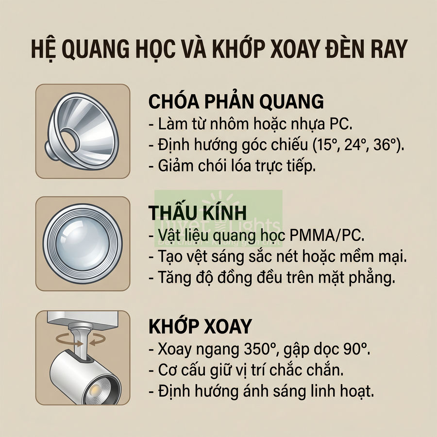 Cấu tạo hệ quang học và khớp xoay đèn ray gồm chóa phản quang, thấu kính và khớp xoay điều chỉnh góc chiếu