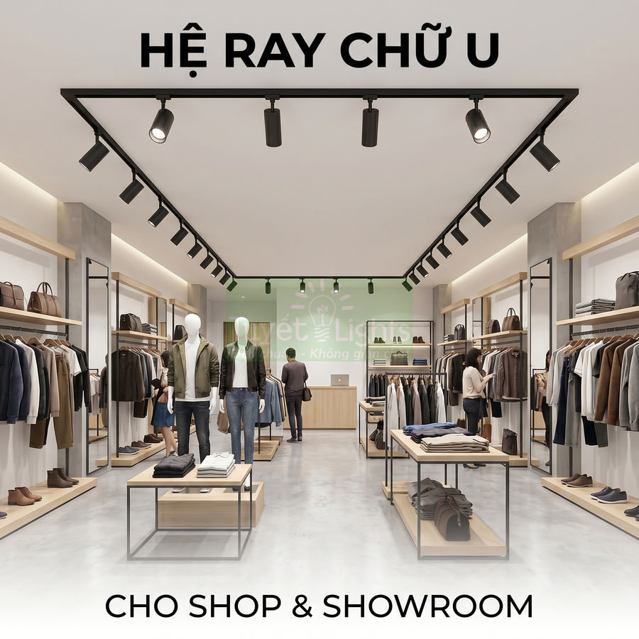 Hệ ray đèn chiếu sáng chữ U lắp trần cho shop thời trang hiện đại, làm nổi bật quần áo và phụ kiện
