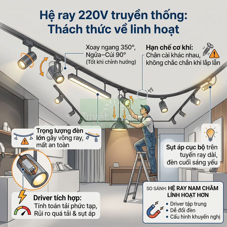 Hệ ray đèn LED 220V truyền thống trong cửa hàng, thợ điện đứng trên thang lắp đặt và điều chỉnh đèn chiếu sáng