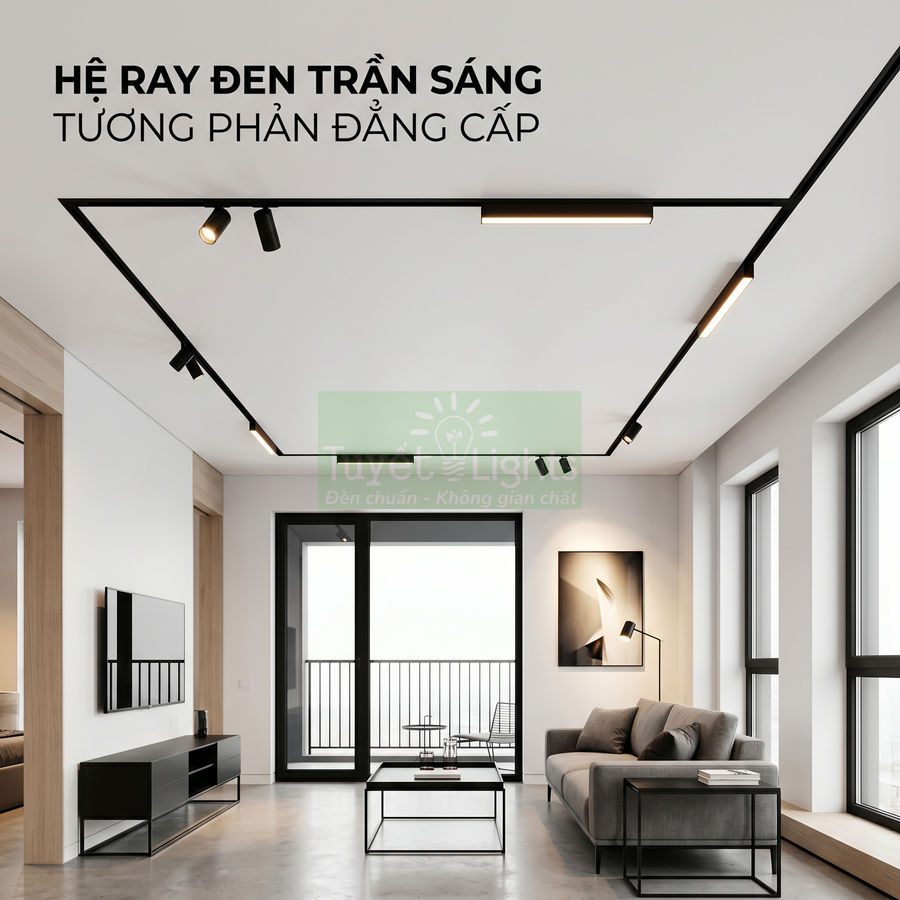 Hệ ray đèn trần sáng màu đen lắp trong phòng khách hiện đại với sofa và bàn trà tối giản