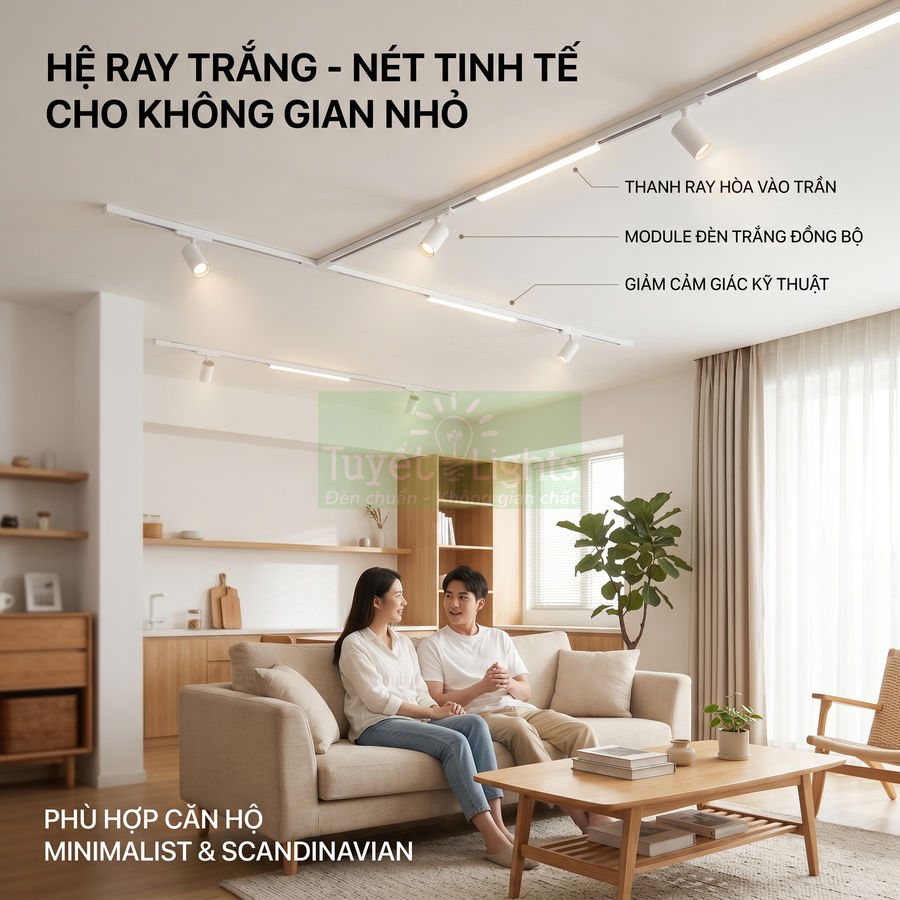 Hệ đèn ray trắng Tuyết Lights lắp trần cho phòng khách căn hộ phong cách tối giản Scandinavian