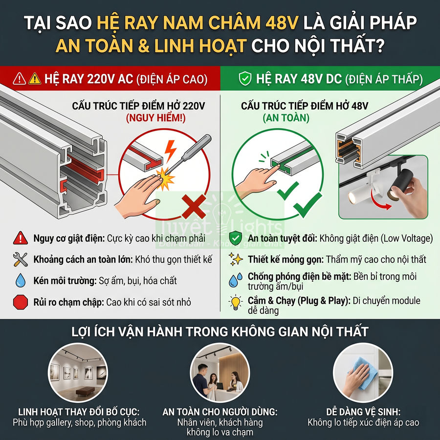 Hệ ray nam châm 48V cho đèn chiếu sáng nội thất, so sánh an toàn với hệ ray 220V và nêu lợi ích sử dụng