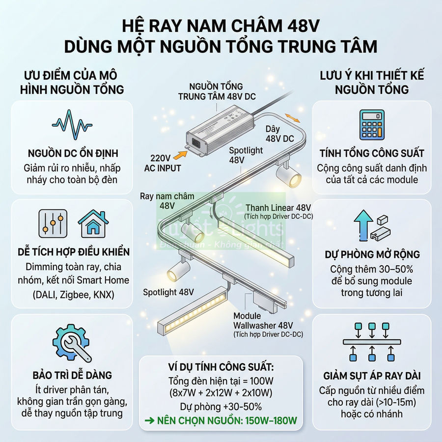 Sơ đồ hệ ray nam châm 48V dùng một nguồn tổng trung tâm cho spotlight và đèn linear, wallwasher
