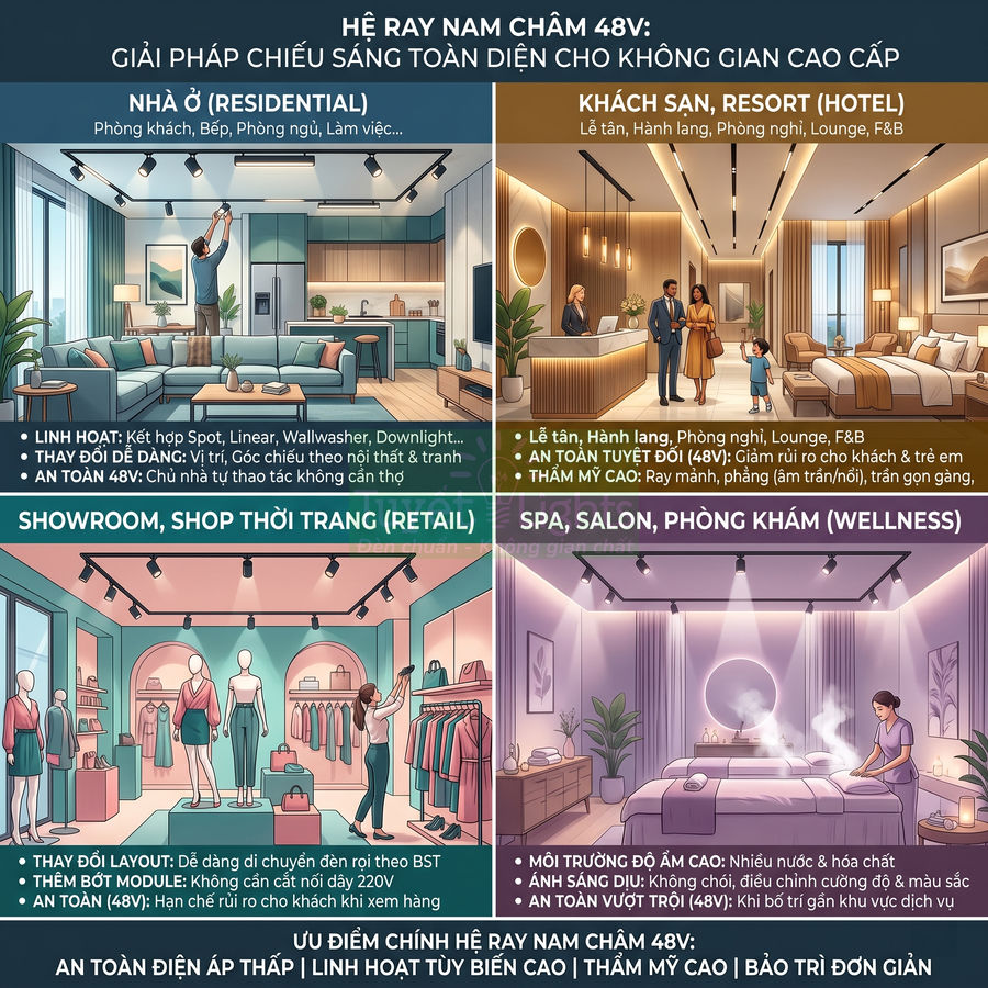 Hệ ray nam châm 48V chiếu sáng trần cho nhà ở, khách sạn, showroom thời trang và spa cao cấp