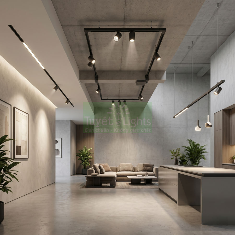 Đèn ray chiếu sáng Tuyết Lights lắp trần cho phòng khách và bếp hiện đại, tông xám tối giản