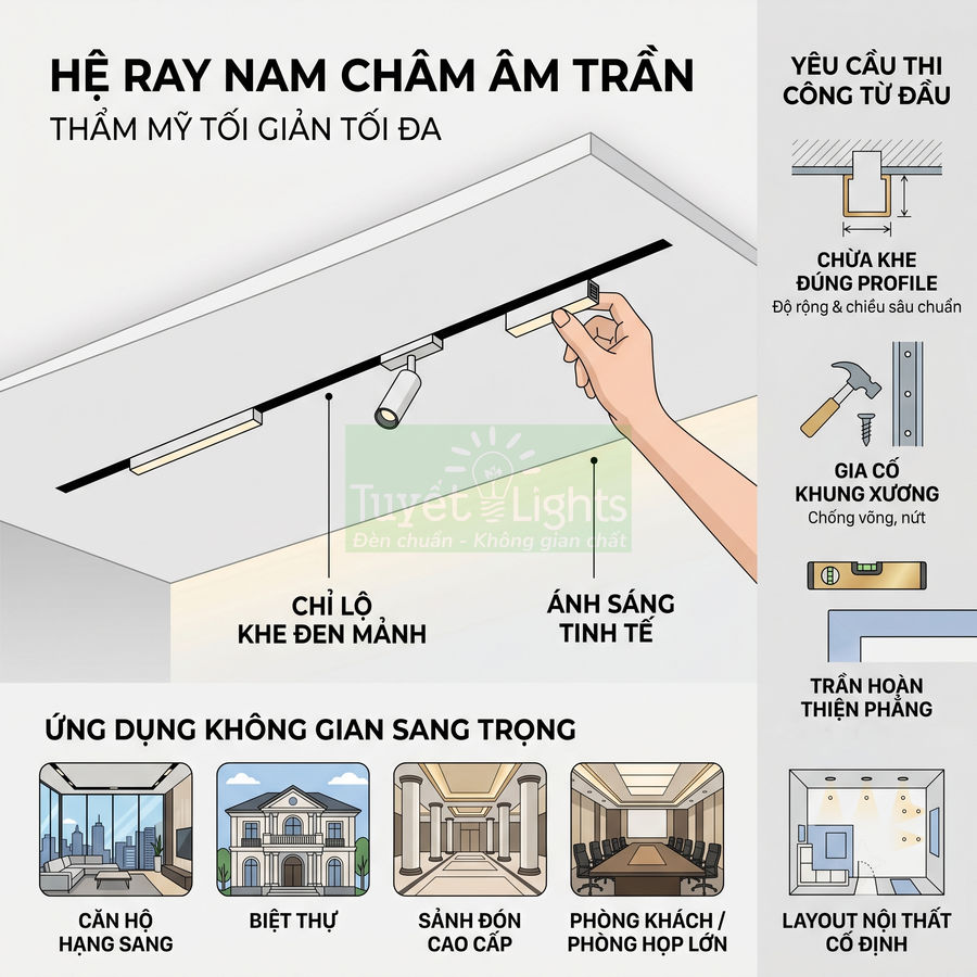 Hệ ray đèn nam châm âm trần Tuyết Lights cho ánh sáng tinh tế, phù hợp căn hộ, biệt thự, sảnh đón cao cấp
