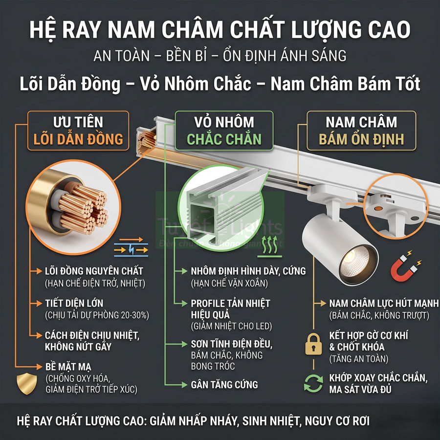 Hệ ray đèn nam châm chất lượng cao lõi đồng vỏ nhôm chắc chắn nam châm bám tốt cho đèn rọi ray