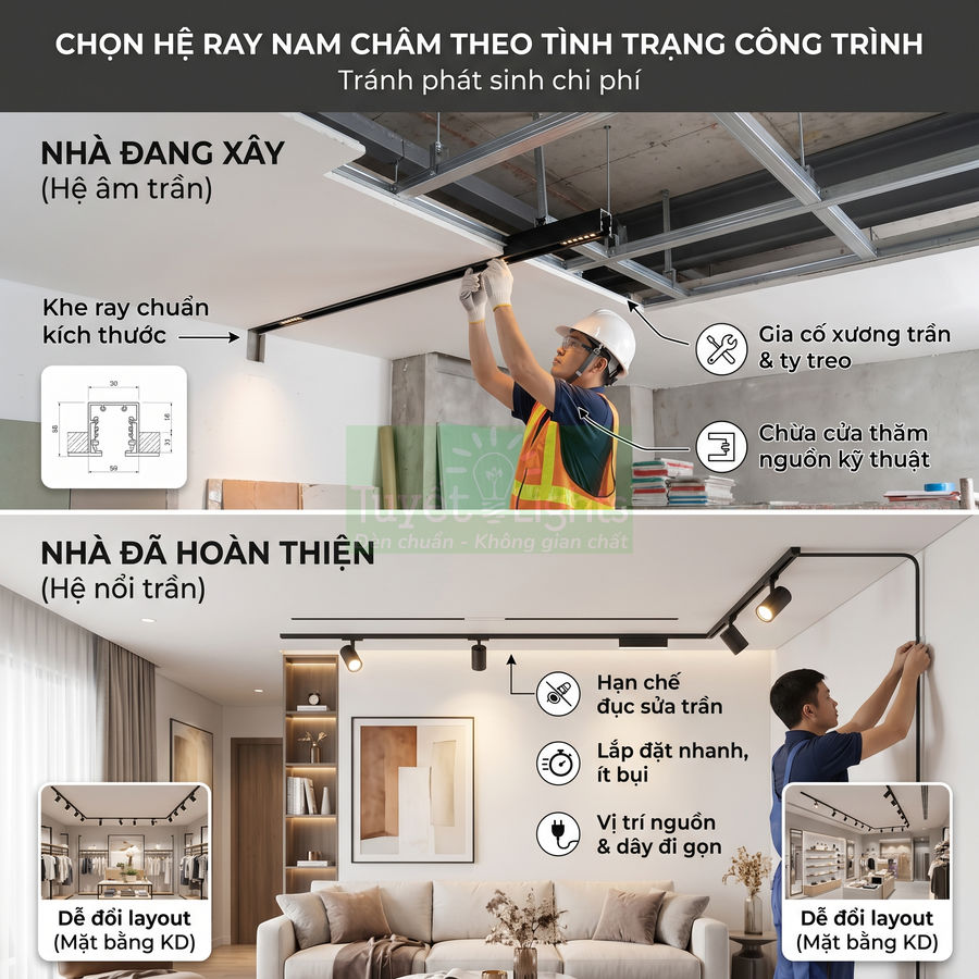 Hệ ray nam châm âm trần và nổi trần cho nhà đang xây và nhà đã hoàn thiện, thợ thi công lắp đặt đèn ray