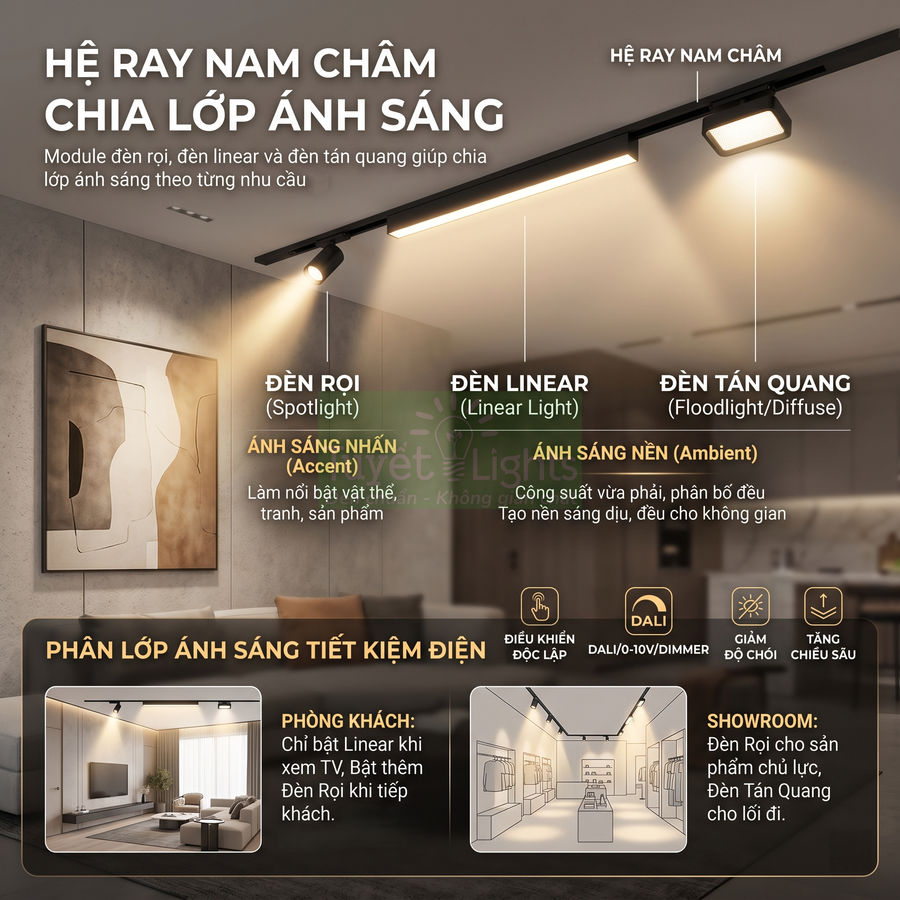 Hệ ray nam châm Vietlights với đèn rọi, đèn linear và đèn tán quang chiếu sáng phòng khách hiện đại