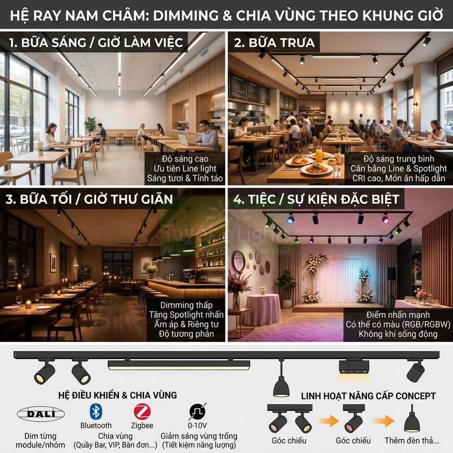 Hệ thống đèn ray nam châm dimming chia vùng chiếu sáng cho nhà hàng quán cà phê nhiều không gian khác nhau