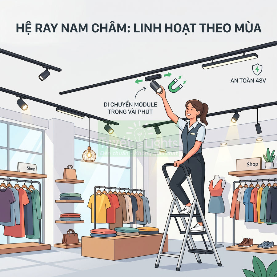 Hệ thống đèn ray nam châm linh hoạt cho cửa hàng quần áo, nhân viên đứng thang điều chỉnh module đèn