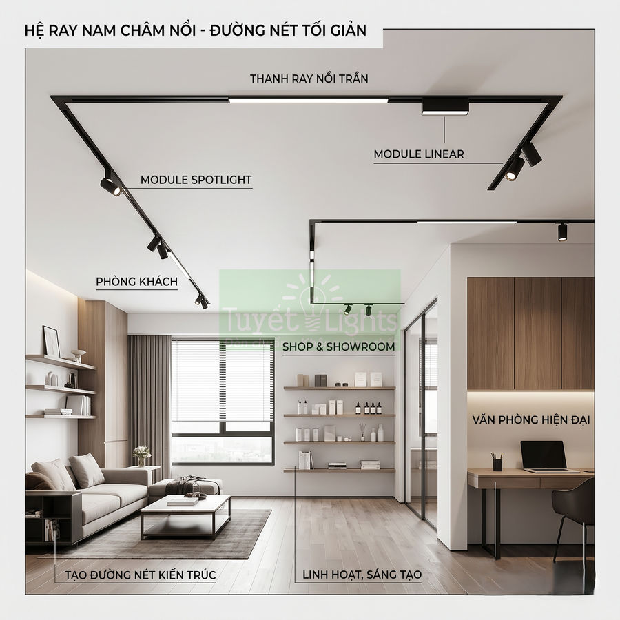 Hệ thống đèn ray nam châm nổi màu đen chiếu sáng phòng khách, showroom và văn phòng hiện đại