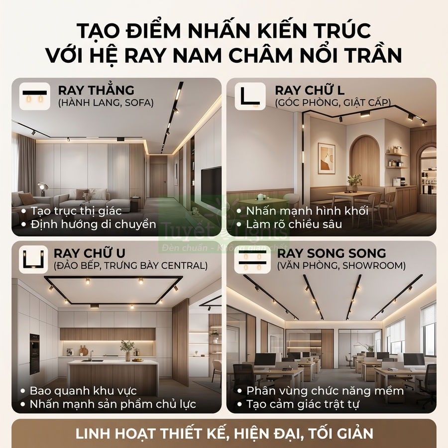 Hệ ray đèn nam châm nổi trần cho phòng khách, bếp, văn phòng hiện đại, tối giản, tạo điểm nhấn kiến trúc