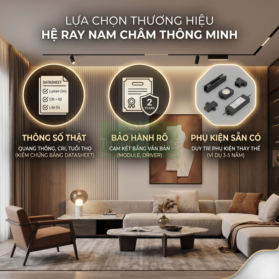 Hệ ray nam châm thông minh chiếu sáng phòng khách hiện đại, nhấn mạnh thông số thật, bảo hành rõ và phụ kiện sẵn có