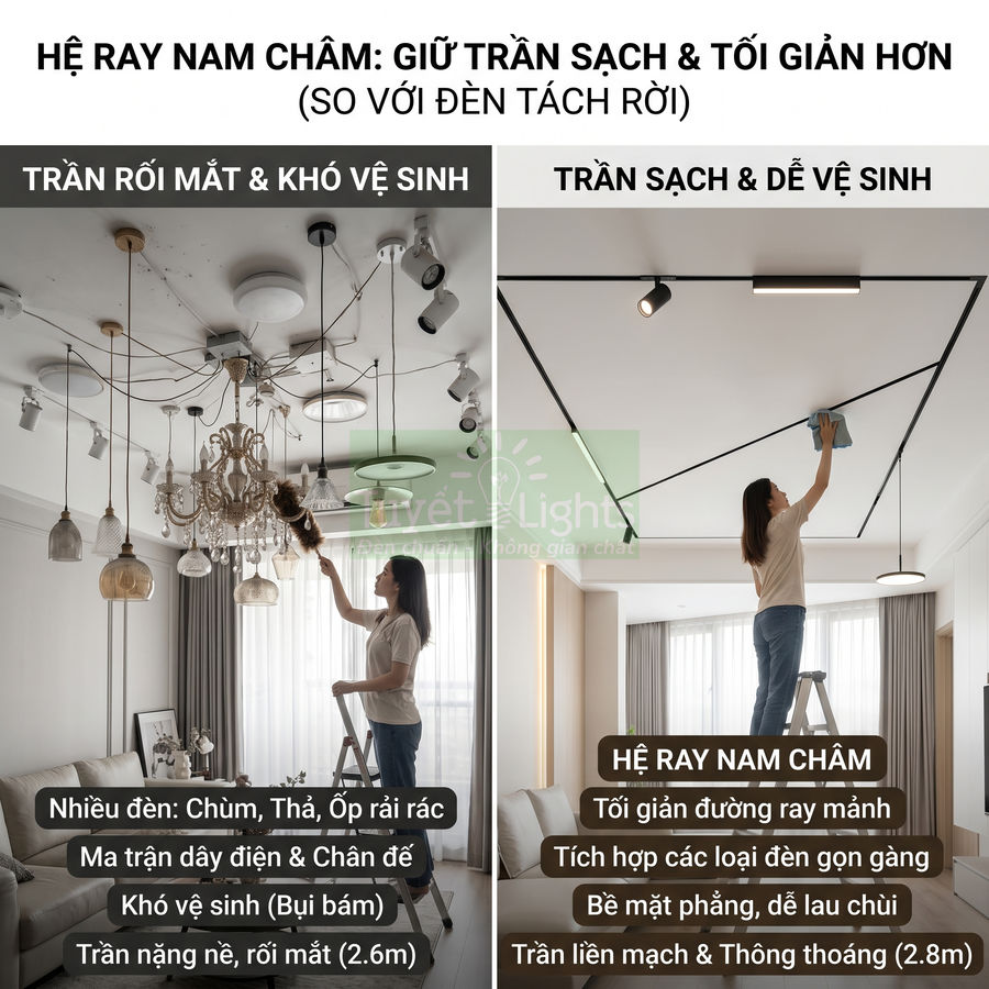 So sánh trần nhà dùng nhiều đèn rời với hệ ray nam châm tối giản, dễ vệ sinh trong phòng khách hiện đại