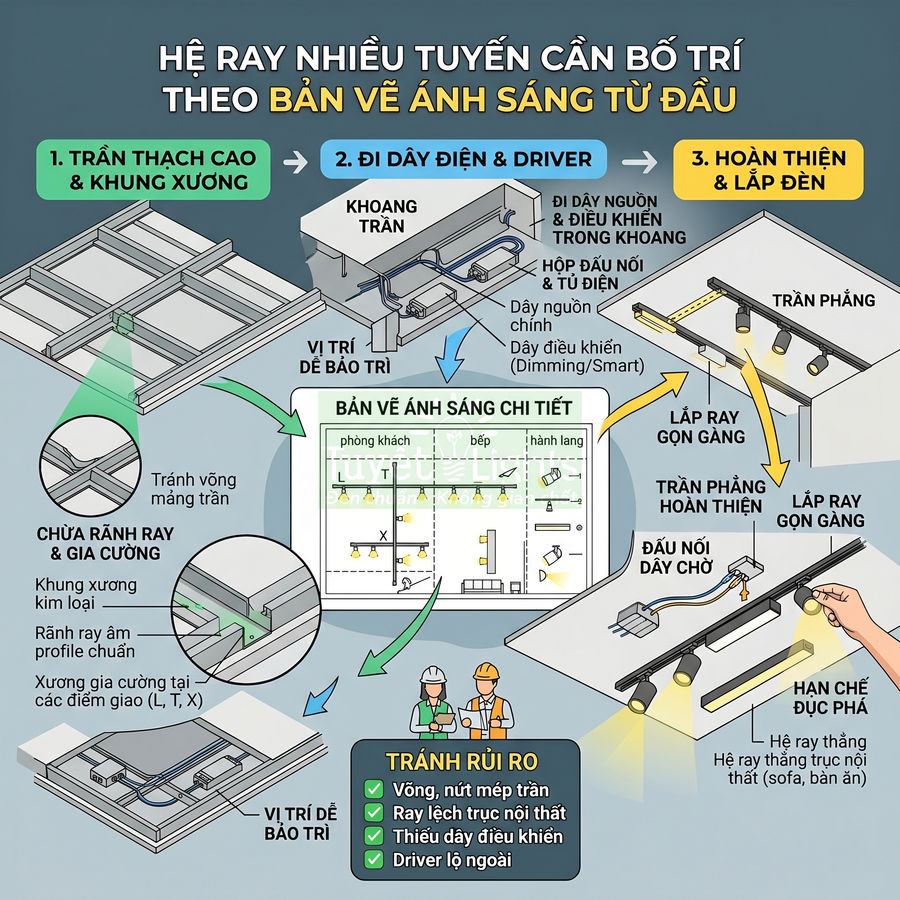 Sơ đồ lắp đặt hệ ray đèn chiếu sáng nhiều tuyến âm trần cho trần thạch cao và trần phẳng