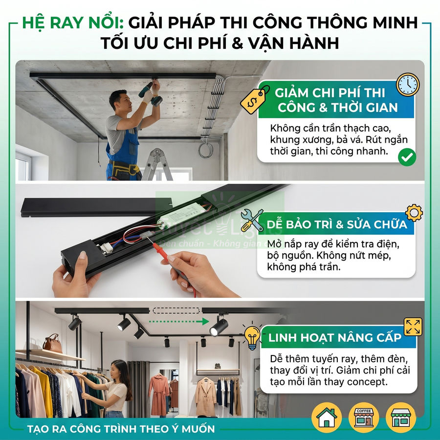 Hệ ray nổi đèn rọi lắp trần cho cửa hàng quần áo, dễ thi công, bảo trì và linh hoạt nâng cấp hệ thống chiếu sáng
