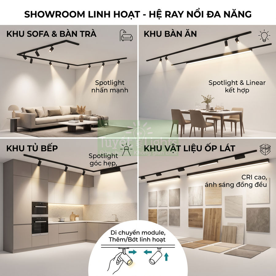 Hệ ray nổi đa năng với đèn spotlight và linear chiếu sáng linh hoạt cho sofa, bàn ăn, tủ bếp và khu vật liệu ốp lát