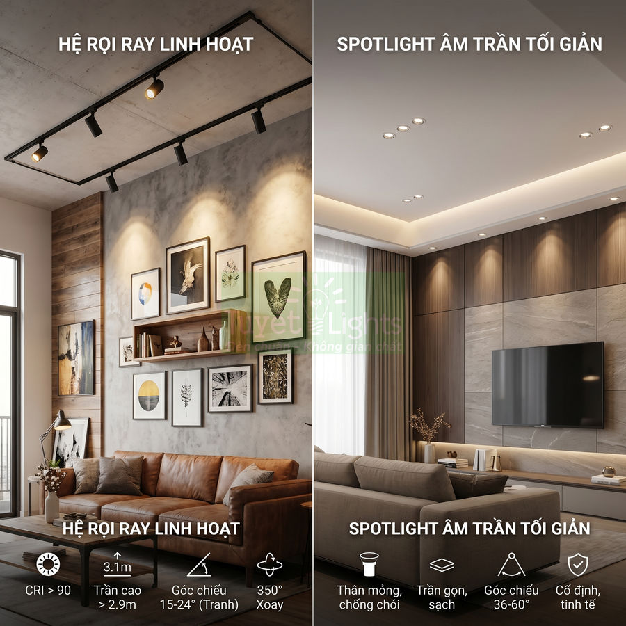 Đèn rọi ray và đèn spotlight âm trần chiếu sáng phòng khách hiện đại, làm nổi bật tranh treo tường và nội thất gỗ