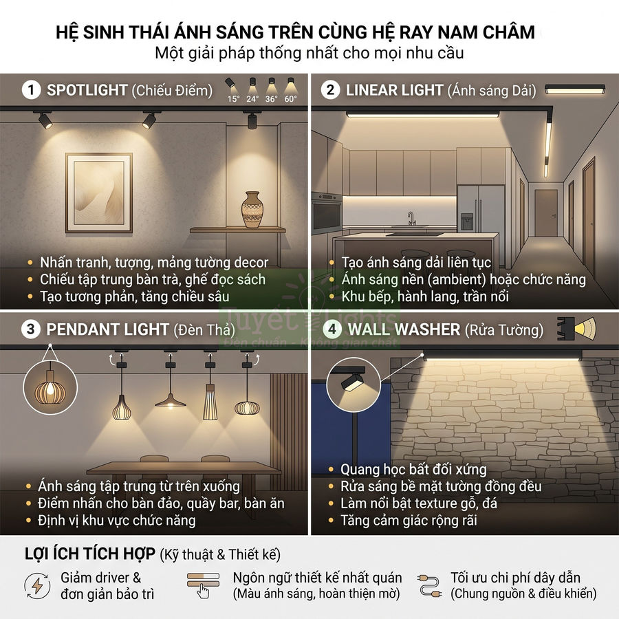Hệ sinh thái đèn ray nam châm với spotlight, linear light, đèn thả và wall washer cho chiếu sáng nội thất