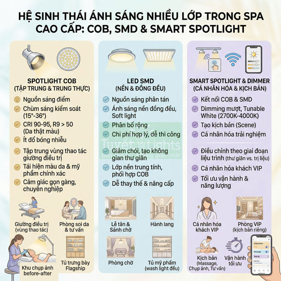 Infographic hệ sinh thái ánh sáng nhiều lớp trong spa với đèn spotlight COB, LED SMD và smart spotlight dimmer