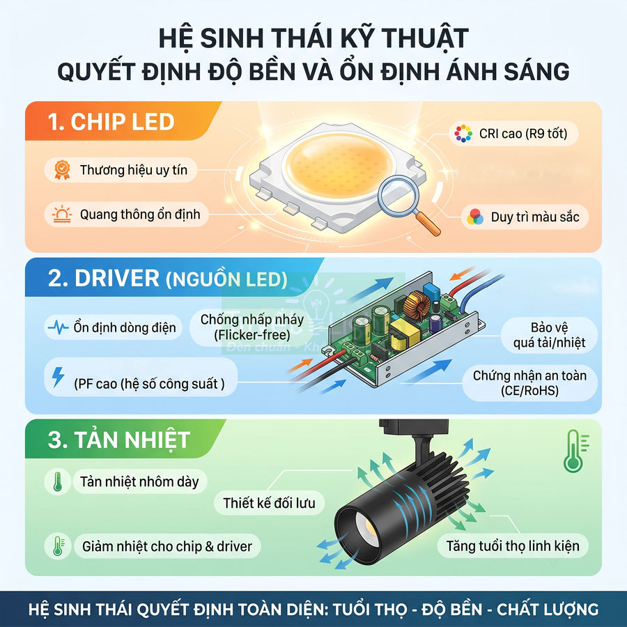 Infographic cấu tạo đèn LED spotlight với chip LED, driver nguồn và bộ tản nhiệt nhôm dày tăng độ bền ánh sáng