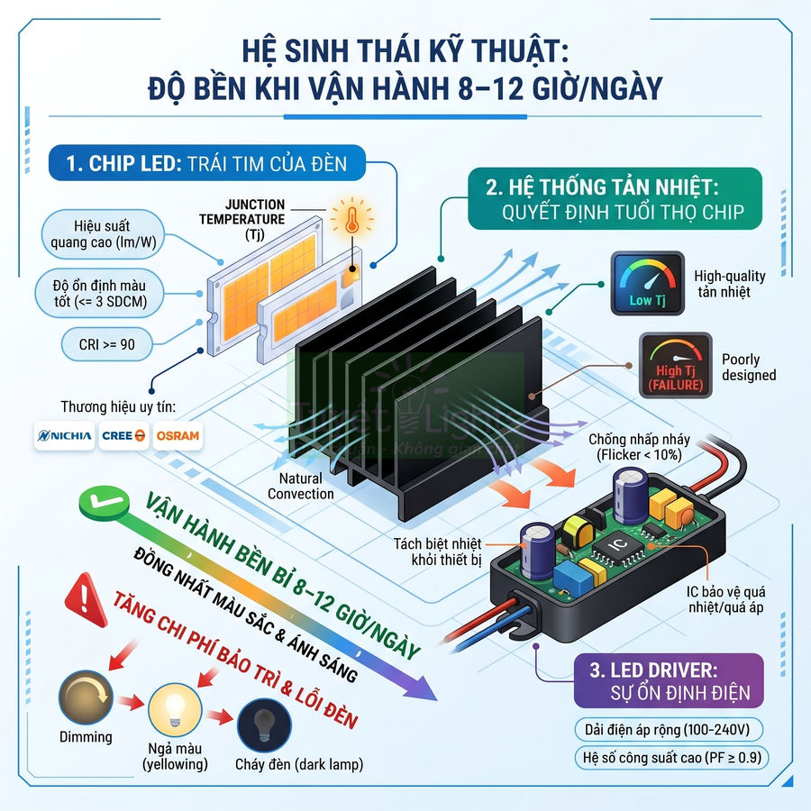 Sơ đồ cấu tạo đèn LED bền bỉ với chip LED, bộ tản nhiệt và LED driver chống nhấp nháy