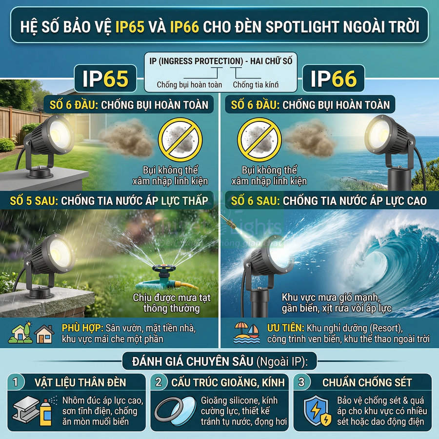 Đèn spotlight ngoài trời chống bụi chống nước chuẩn IP65 IP66 dùng cho sân vườn và khu vực ven biển
