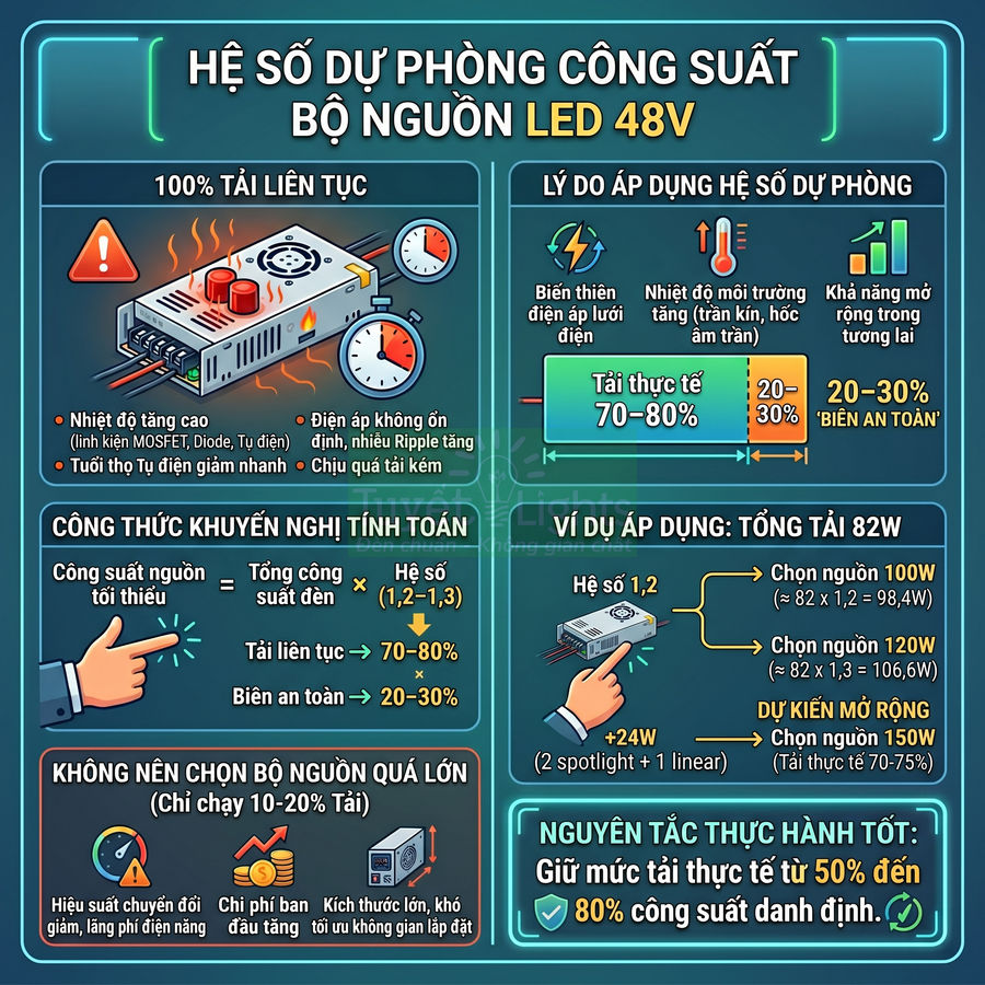 Infographic hướng dẫn chọn công suất bộ nguồn LED 48V với hệ số dự phòng an toàn và ví dụ tính toán tải