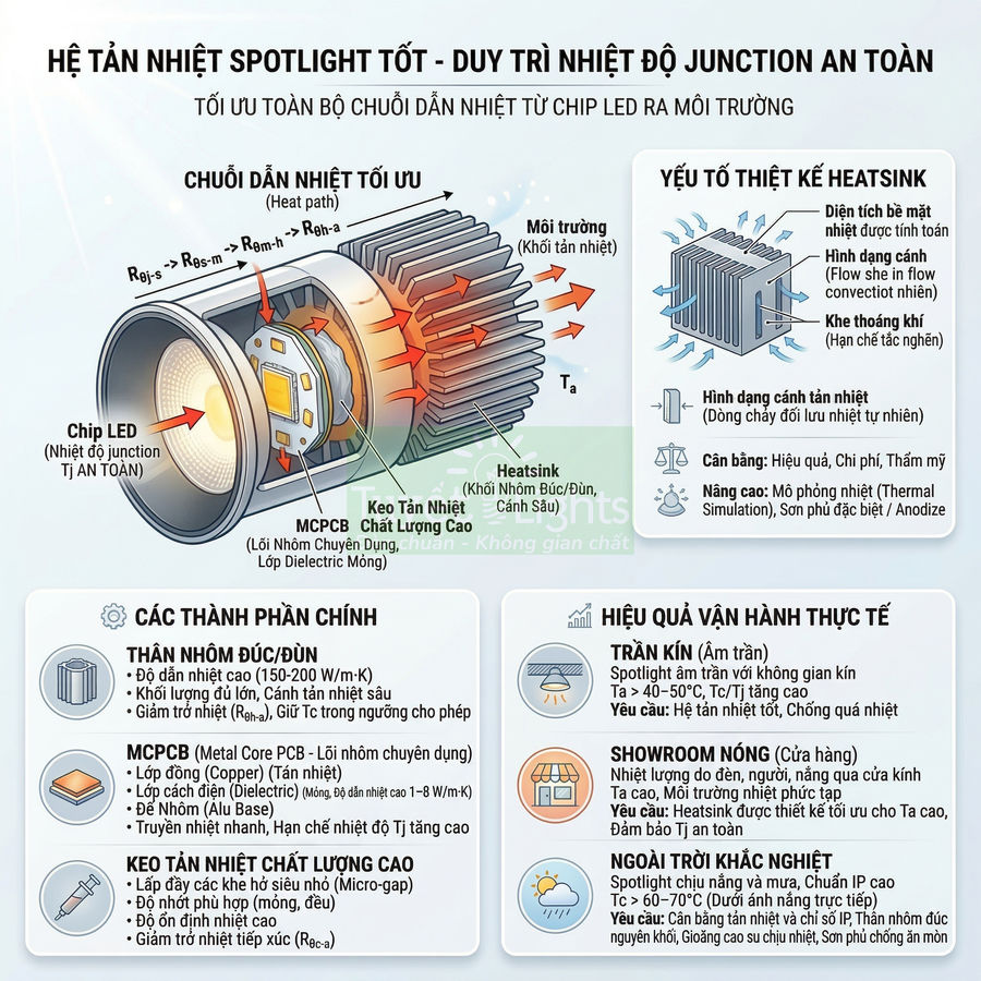 Sơ đồ cấu tạo và tản nhiệt đèn LED spotlight với heatsink nhôm và keo tản nhiệt chất lượng cao