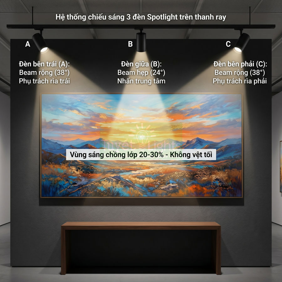 Hệ thống 3 đèn spotlight trên thanh ray chiếu sáng tranh treo tường trong phòng trưng bày