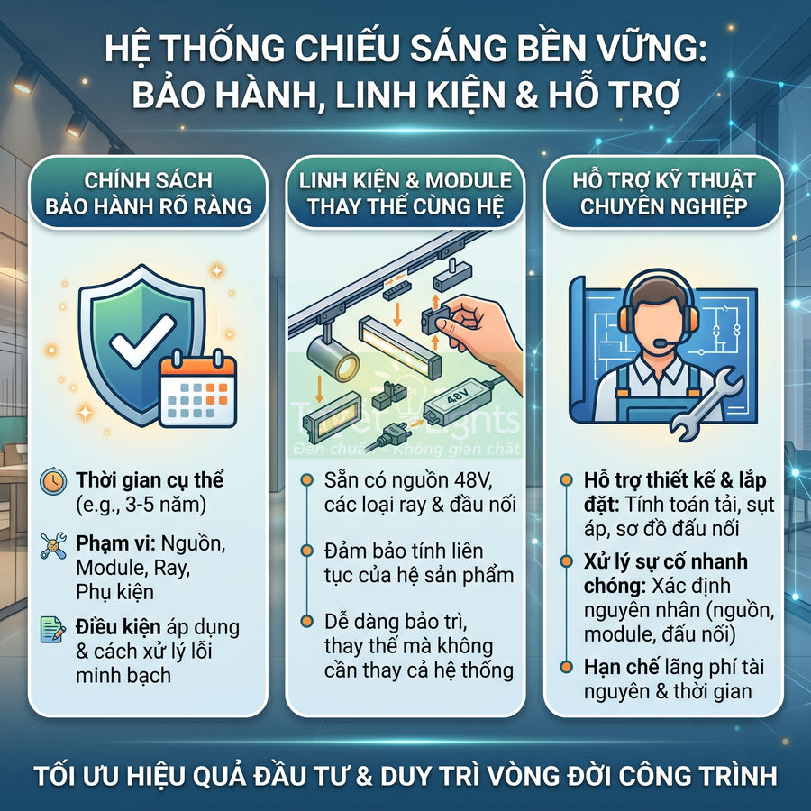 Hệ thống chiếu sáng bền vững với chính sách bảo hành rõ ràng, linh kiện thay thế và hỗ trợ kỹ thuật chuyên nghiệp