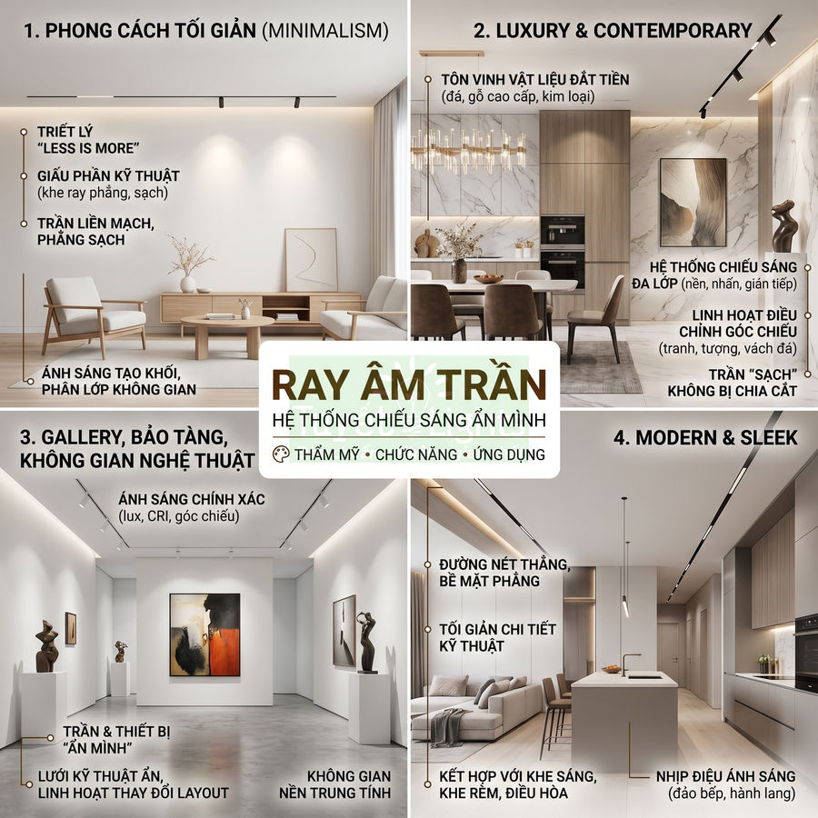 Không gian nội thất hiện đại với hệ thống ray âm trần chiếu sáng ẩn minh cho phòng khách, bếp và gallery nghệ thuật