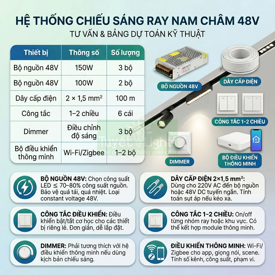 Hệ thống chiếu sáng ray nam châm 48V Tuyết Light với bộ nguồn, dây cáp, công tắc và dimmer thông minh