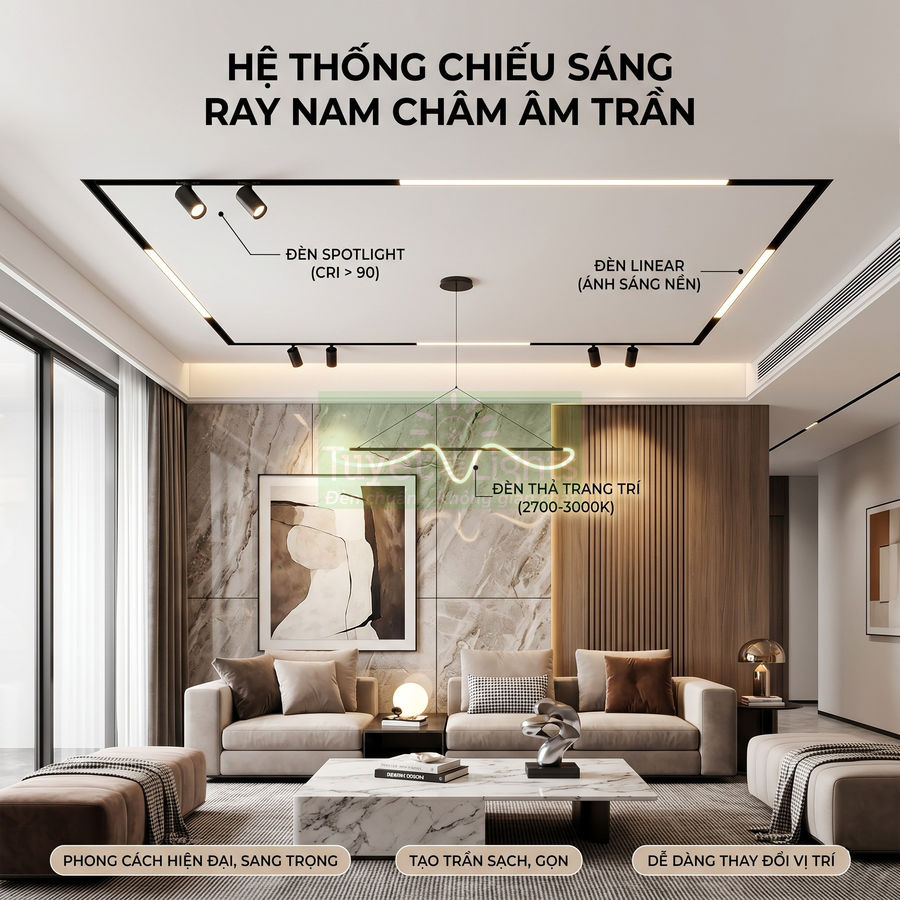 Phòng khách hiện đại với hệ thống chiếu sáng ray nam châm âm trần gồm đèn spotlight, đèn linear và đèn thả trang trí
