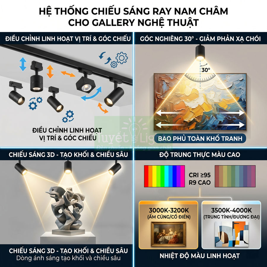 Hệ thống đèn ray nam châm chiếu sáng gallery nghệ thuật, điều chỉnh linh hoạt góc chiếu và nhiệt độ màu linh hoạt