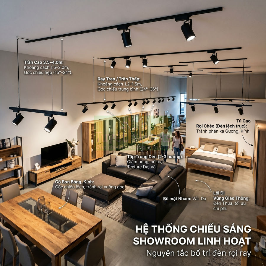 Hệ thống đèn rọi ray chiếu sáng showroom nội thất gỗ và sofa hiện đại, tối ưu ánh sáng cho từng khu vực trưng bày