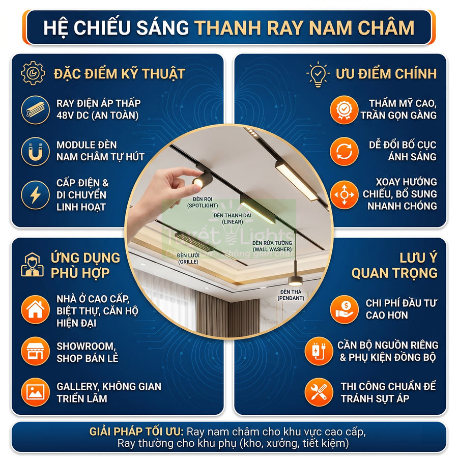 Đèn rọi ray nam châm là gì? Có nên dùng thay ray thường không?