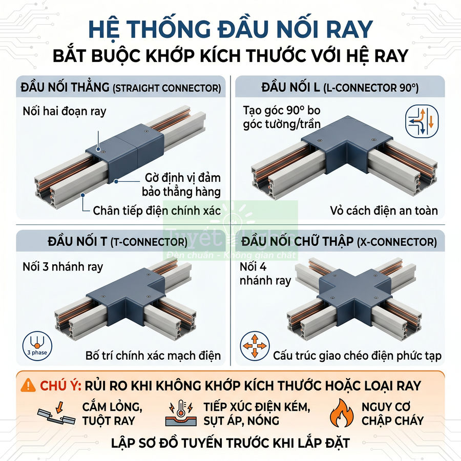 Các loại đầu nối ray điện thẳng, chữ L, chữ T và chữ thập cho hệ thống thanh ray chiếu sáng