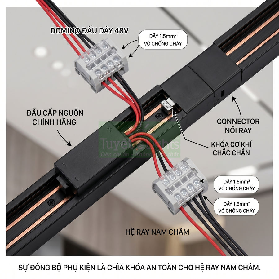 Hệ ray nam châm đèn chiếu sáng với domino đấu dây 48V, dây điện 1.5mm2 chống cháy và connector nối ray chắc chắn