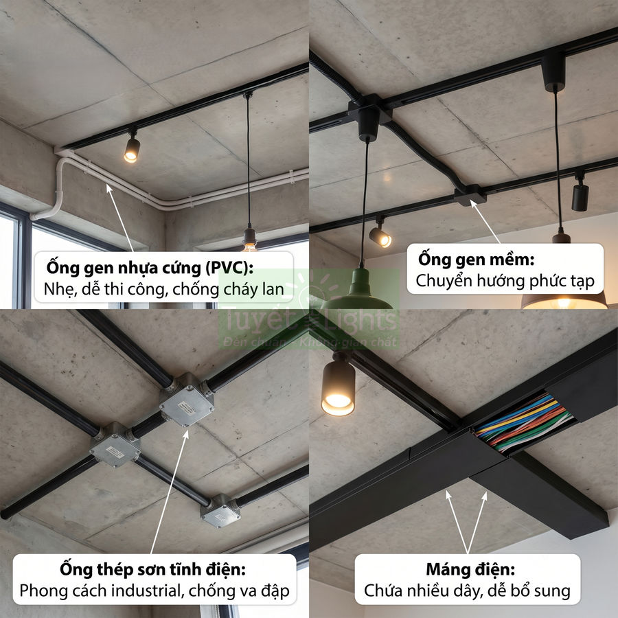 Hệ thống ống gen nhựa, ống gen mềm, ống thép sơn tĩnh điện và máng điện lắp nổi trên trần bê tông
