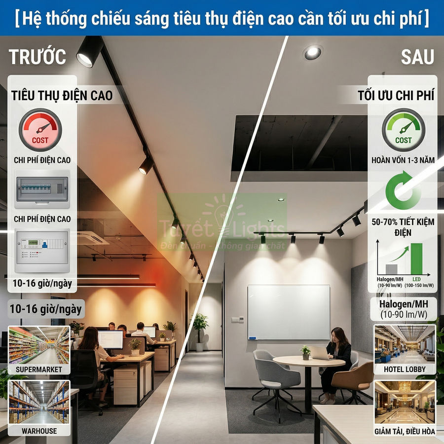 So sánh hệ thống đèn văn phòng cũ tiêu thụ điện cao với đèn LED Tuyết Lights tiết kiệm 50-70% chi phí