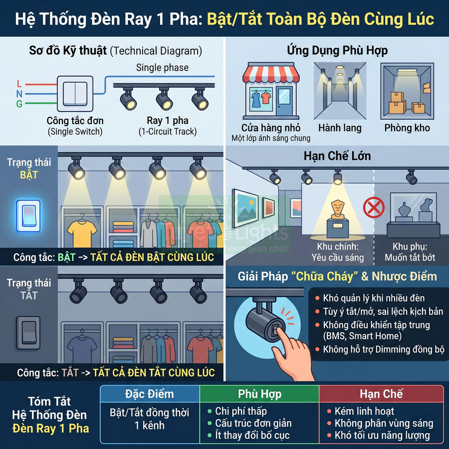 Sơ đồ hệ thống đèn ray 1 pha bật tắt toàn bộ đèn cùng lúc cho cửa hàng và hành lang