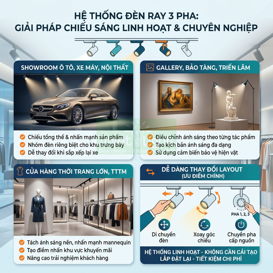 Hệ thống đèn ray 3 pha chiếu sáng showroom ô tô, gallery, cửa hàng thời trang và không gian trưng bày chuyên nghiệp