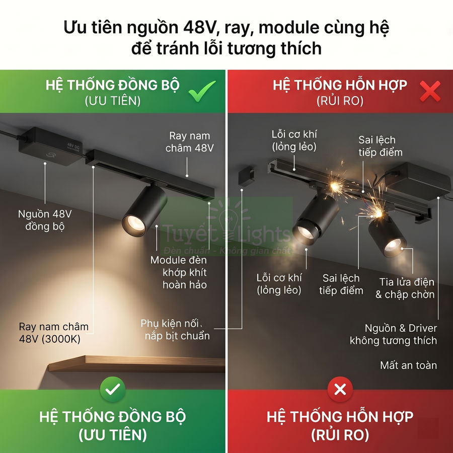 So sánh hệ thống đèn ray nam châm 48V đồng bộ an toàn với hệ thống đèn ray hỗn hợp dễ chập cháy