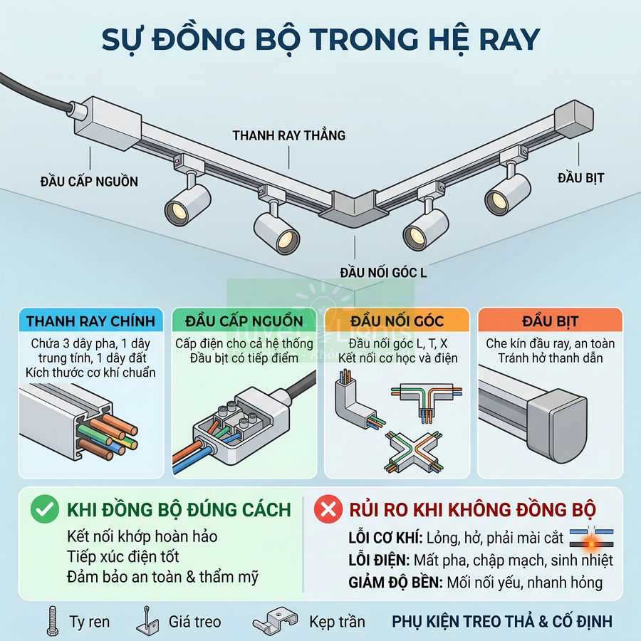 Cấu tạo hệ ray đèn chiếu sáng với thanh ray, đầu cấp nguồn, đầu nối góc L và đầu bịt an toàn