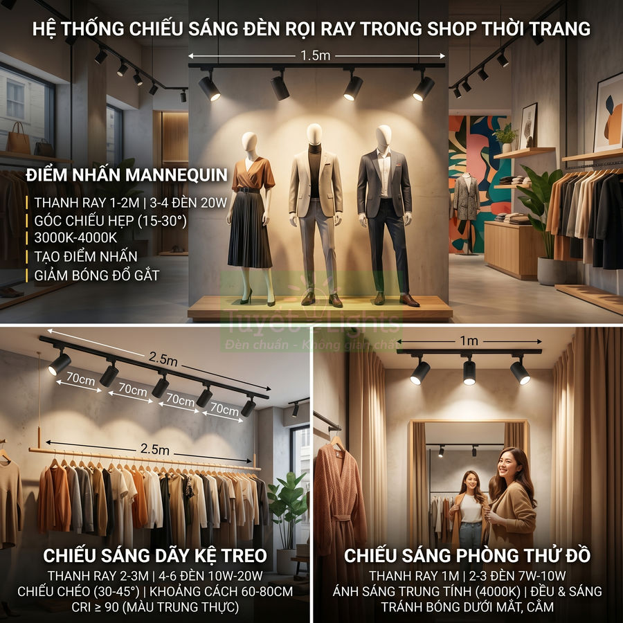 Hệ thống đèn rọi ray chiếu sáng shop thời trang với mannequin, kệ treo quần áo và phòng thử đồ