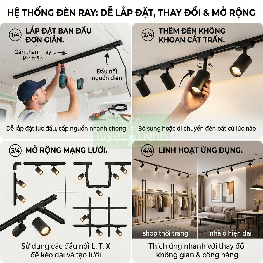 Hệ thống đèn ray spotlight màu đen lắp trần, dễ lắp đặt mở rộng cho shop thời trang và phòng khách hiện đại