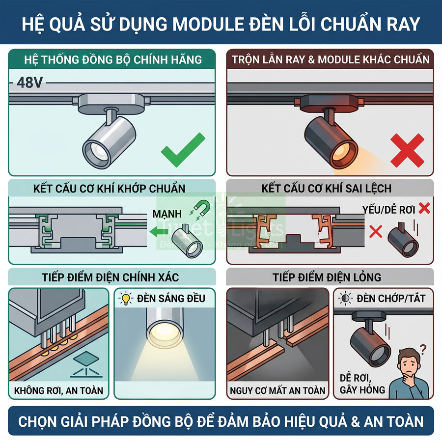 So sánh module đèn ray chuẩn 48V chính hãng và module đèn ray không chuẩn về độ sáng và an toàn