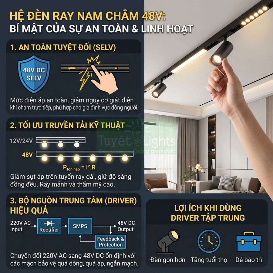 Hệ đèn ray nam châm 48V Tuyết Lights lắp trần phòng khách hiện đại, an toàn và linh hoạt